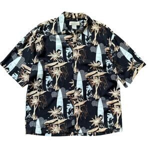 Natural Issue Vintage Hawaiian Shirt Rayon Black Palm Tree Surf Print Men M